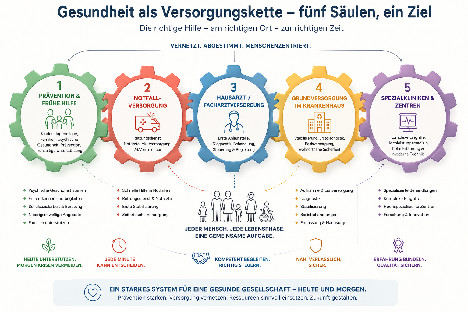 Infografik Gesundheit als Versorgungskette – fünf Säulen, ein Ziel