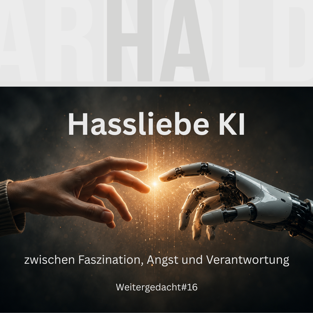 Hassliebe KI – menschliche und robotische Hand nähern sich einander